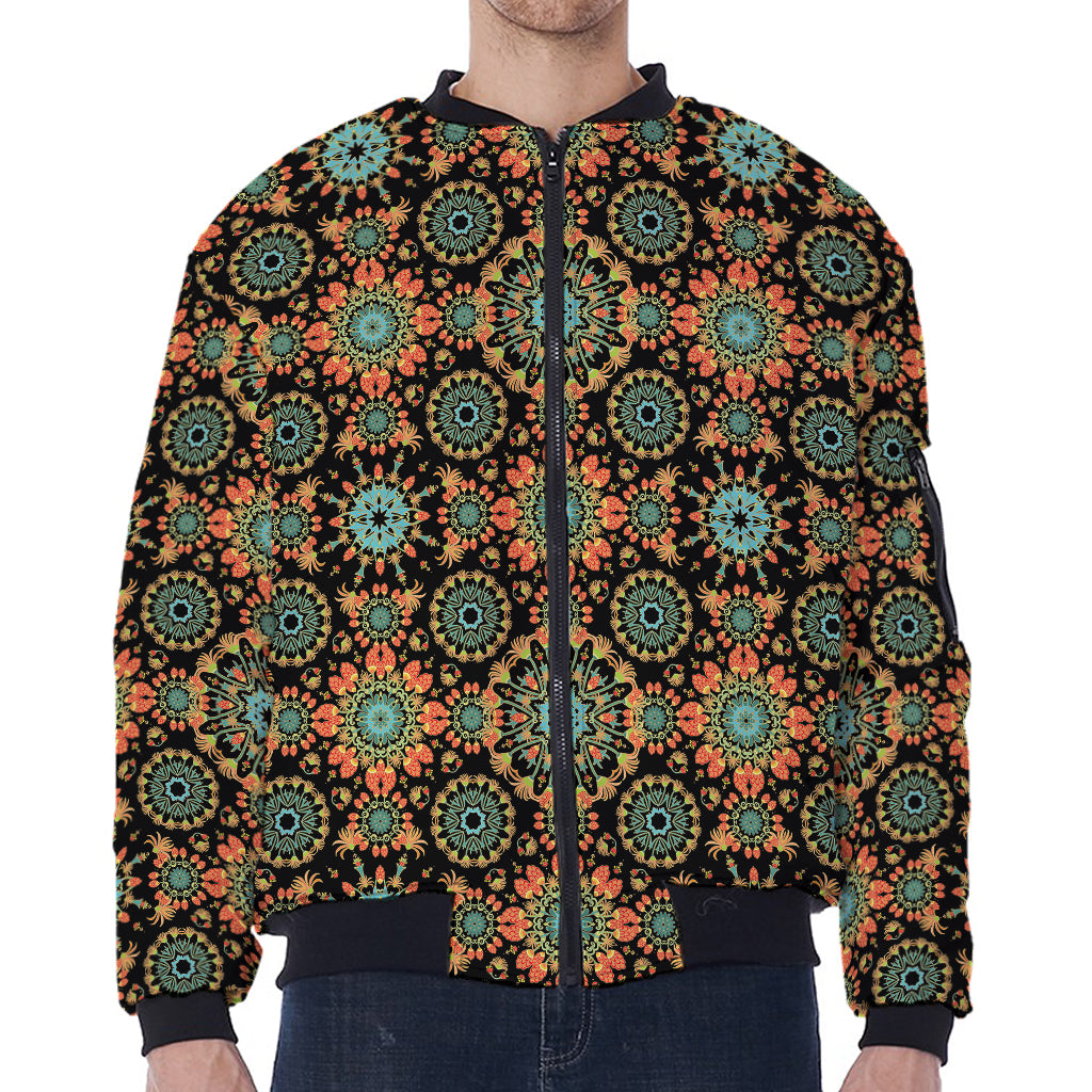 Chaotic Boho Floral Pattern Print Zip Sleeve Bomber Jacket