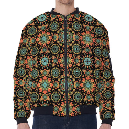 Chaotic Boho Floral Pattern Print Zip Sleeve Bomber Jacket