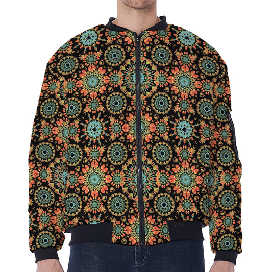 Chaotic Boho Floral Pattern Print Zip Sleeve Bomber Jacket