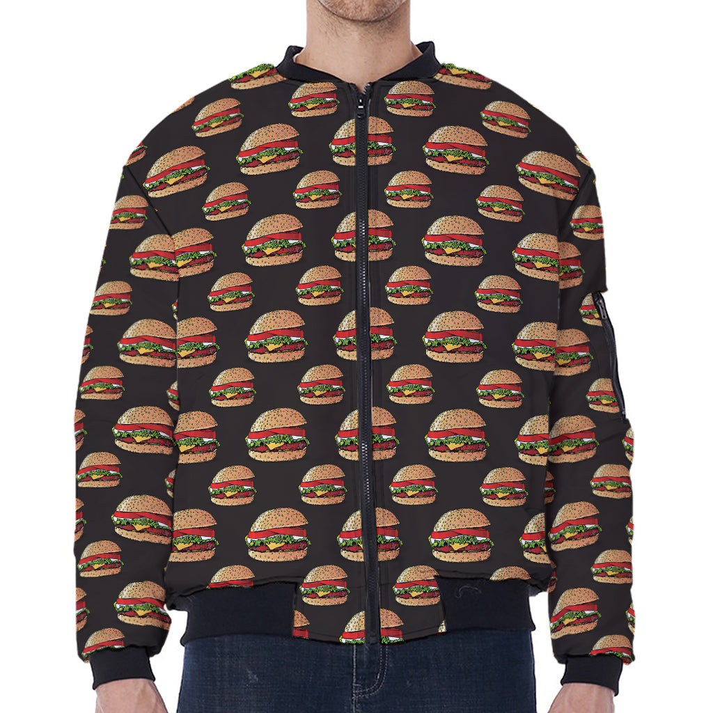 Cheeseburger Pattern Print Zip Sleeve Bomber Jacket