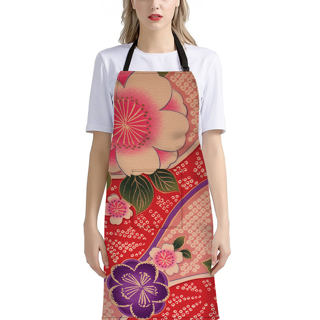 Cherry Blossom Kimono Pattern Print Bib Apron With Pocket