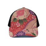 Cherry Blossom Kimono Pattern Print Black Mesh Trucker Cap