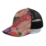 Cherry Blossom Kimono Pattern Print Black Mesh Trucker Cap