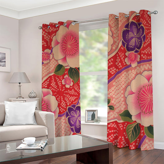 Cherry Blossom Kimono Pattern Print Blackout Grommet Curtains