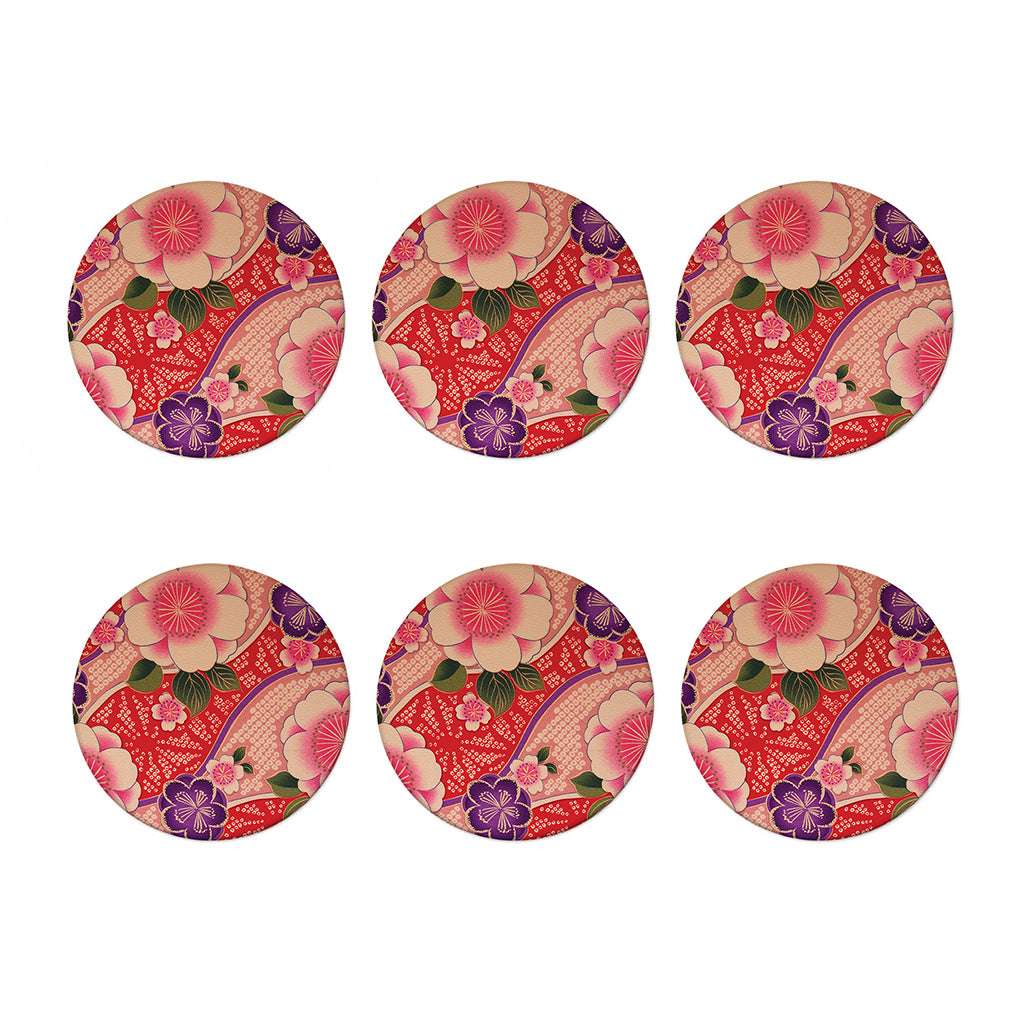 Cherry Blossom Kimono Pattern Print Coaster Set