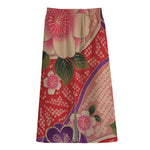 Cherry Blossom Kimono Pattern Print Cotton Front Slit Maxi Skirt
