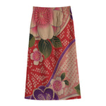 Cherry Blossom Kimono Pattern Print Cotton Front Slit Maxi Skirt