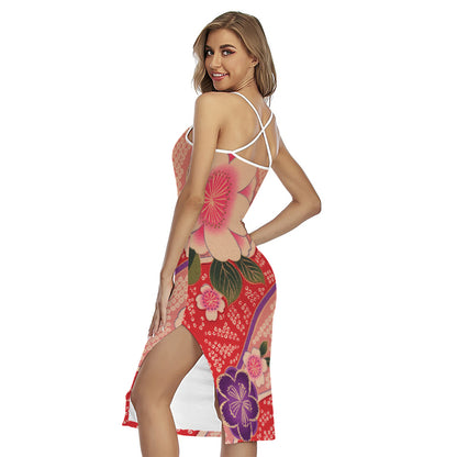 Cherry Blossom Kimono Pattern Print Cross Back Cami Dress