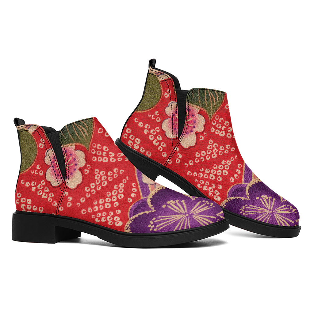 Cherry Blossom Kimono Pattern Print Flat Ankle Boots