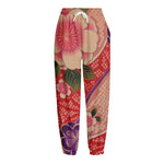 Cherry Blossom Kimono Pattern Print Fleece Lined Knit Pants