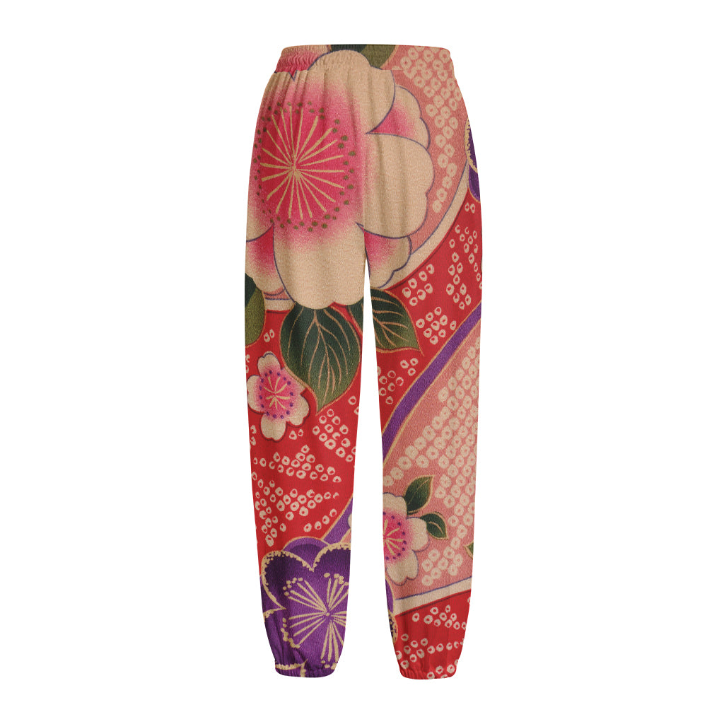 Cherry Blossom Kimono Pattern Print Fleece Lined Knit Pants