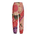 Cherry Blossom Kimono Pattern Print Fleece Lined Knit Pants