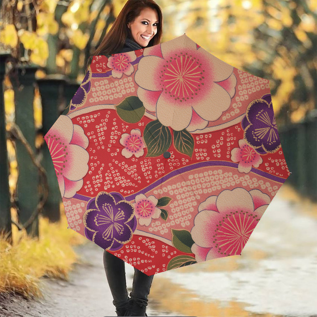 Cherry Blossom Kimono Pattern Print Foldable Umbrella