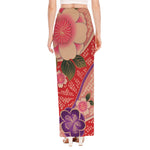 Cherry Blossom Kimono Pattern Print High Slit Maxi Skirt