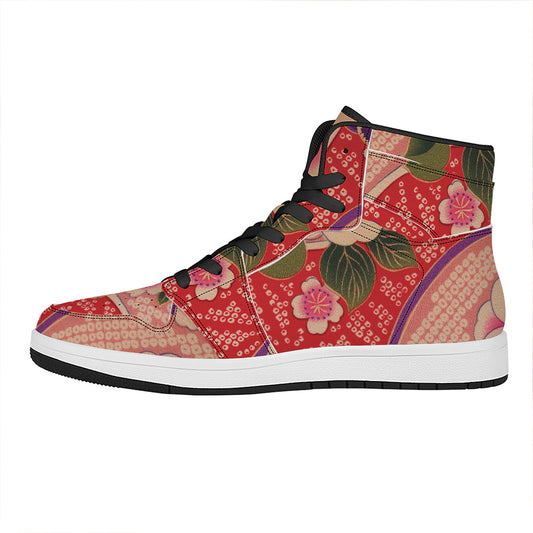 Cherry Blossom Kimono Pattern Print High Top Leather Sneakers