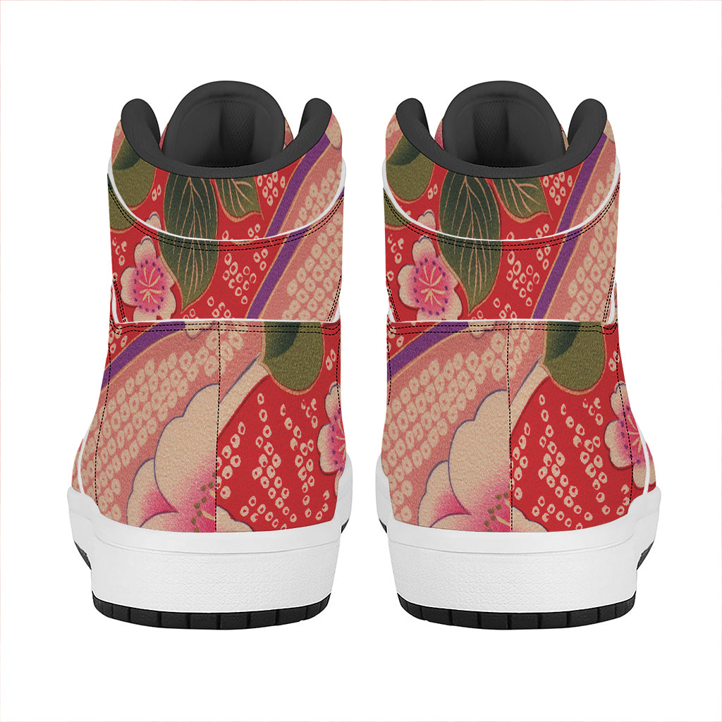 Cherry Blossom Kimono Pattern Print High Top Leather Sneakers