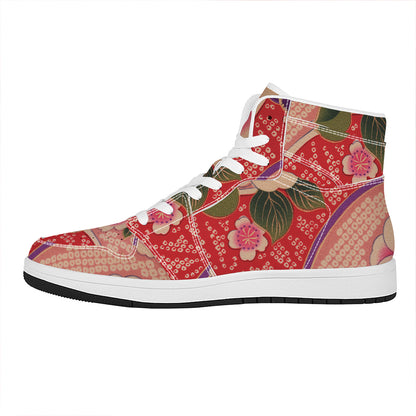 Cherry Blossom Kimono Pattern Print High Top Leather Sneakers