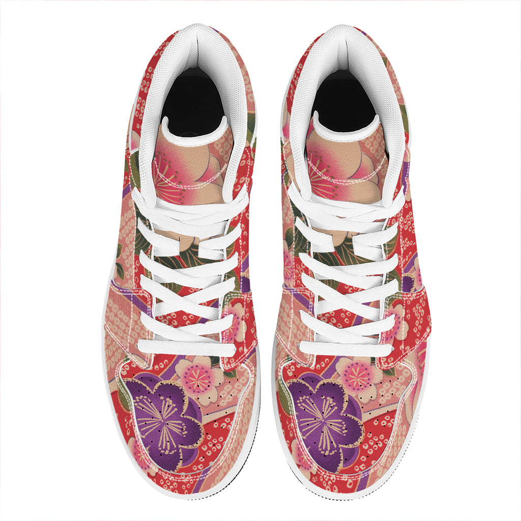 Cherry Blossom Kimono Pattern Print High Top Leather Sneakers