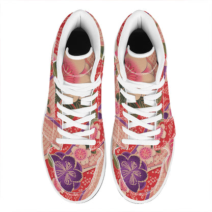 Cherry Blossom Kimono Pattern Print High Top Leather Sneakers
