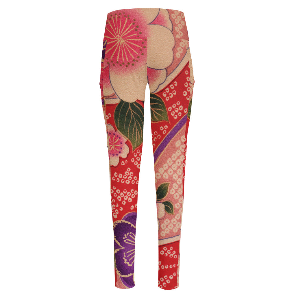 Cherry Blossom Kimono Pattern Print High-Waisted Pocket Leggings