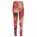 Cherry Blossom Kimono Pattern Print High-Waisted Pocket Leggings