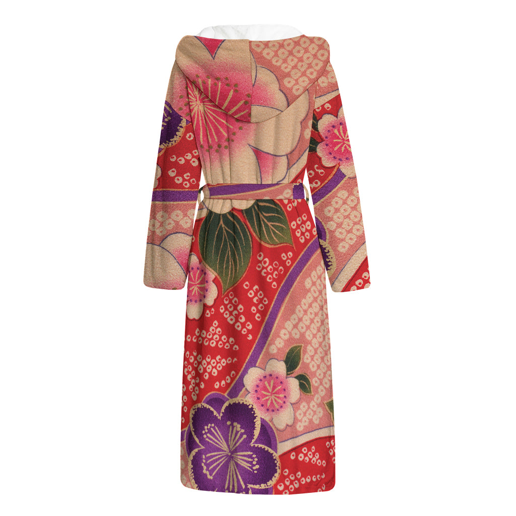 Cherry Blossom Kimono Pattern Print Hooded Bathrobe