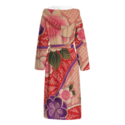 Cherry Blossom Kimono Pattern Print Hooded Bathrobe