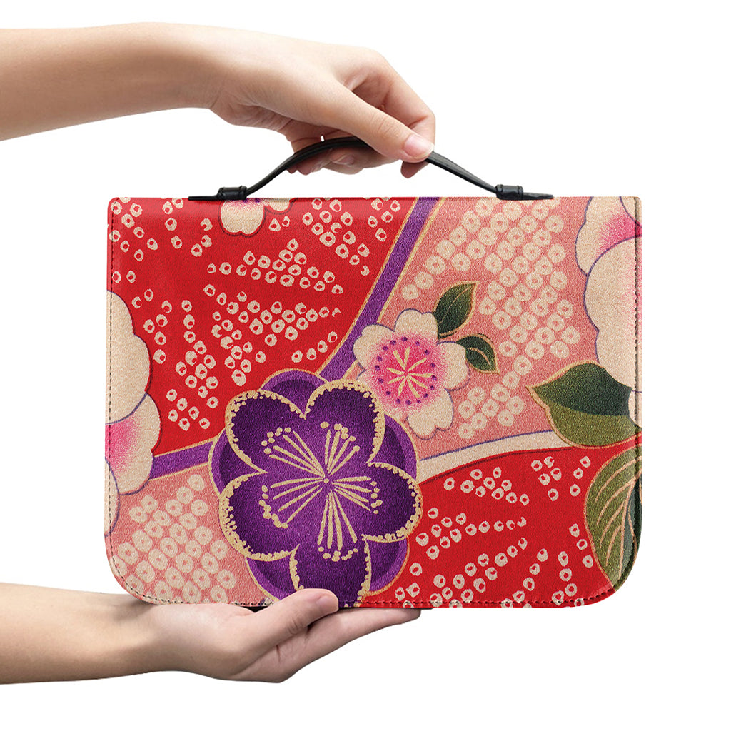 Cherry Blossom Kimono Pattern Print Leather Bible Cover