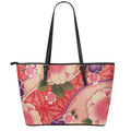 Cherry Blossom Kimono Pattern Print Leather Tote Bag With Zipper