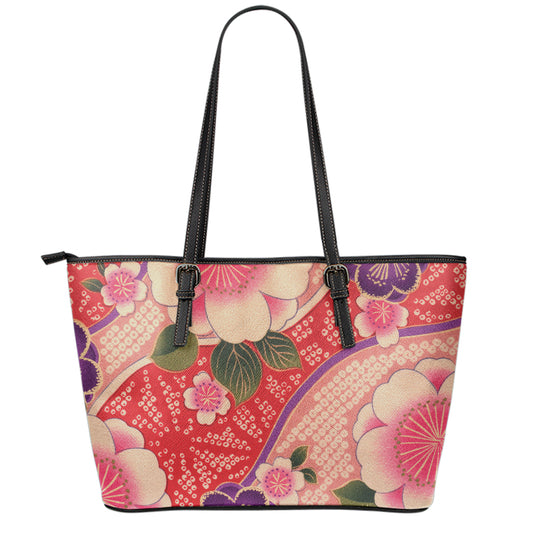 Cherry Blossom Kimono Pattern Print Leather Tote Bag