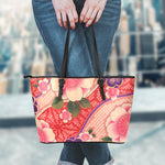 Cherry Blossom Kimono Pattern Print Leather Tote Bag