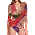 Cherry Blossom Kimono Pattern Print Long Sleeve Swimsuit