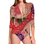 Cherry Blossom Kimono Pattern Print Long Sleeve Swimsuit