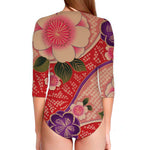 Cherry Blossom Kimono Pattern Print Long Sleeve Swimsuit