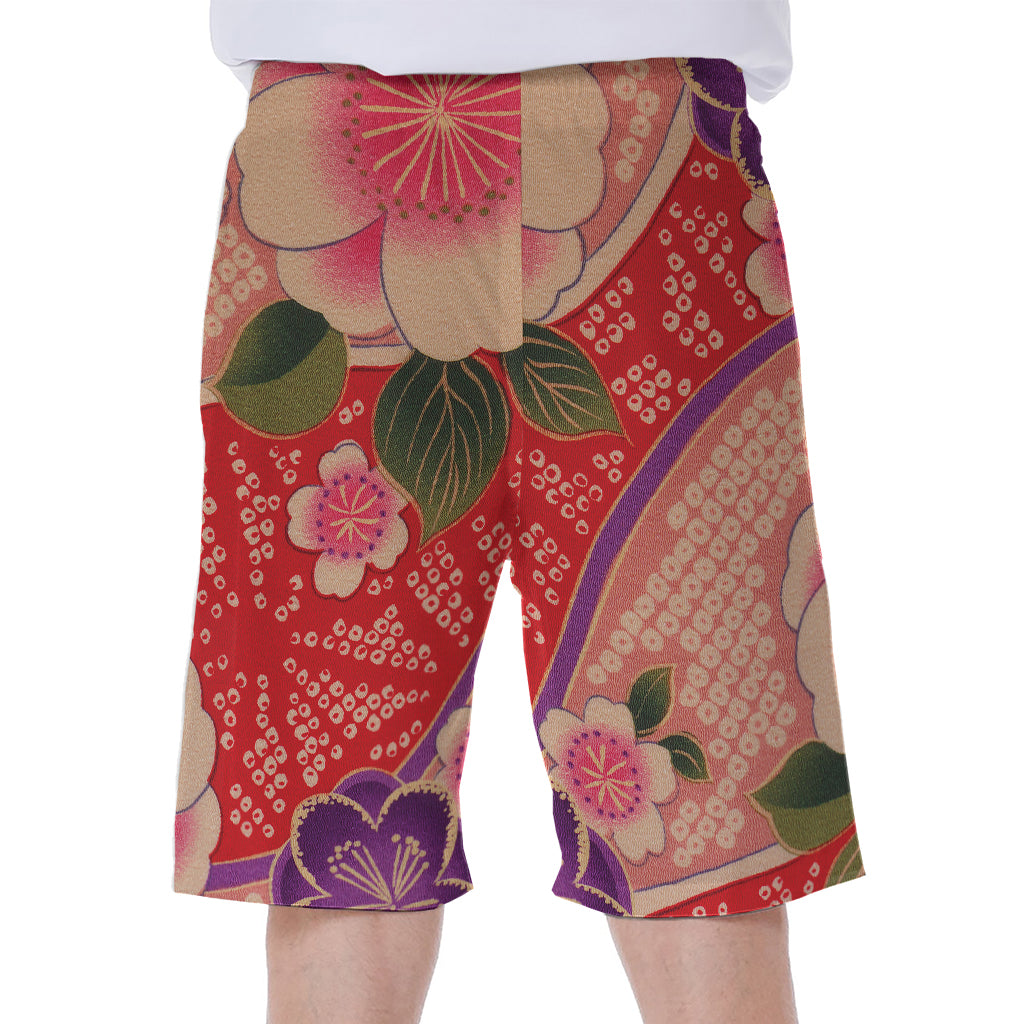 Cherry Blossom Kimono Pattern Print Men's Beach Shorts