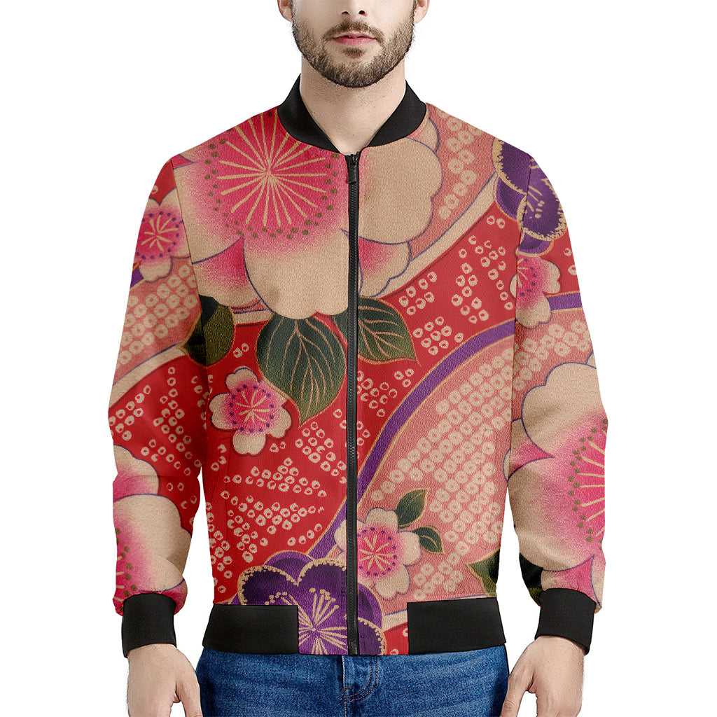 Cherry Blossom Kimono Pattern Print Men's Bomber Jacket