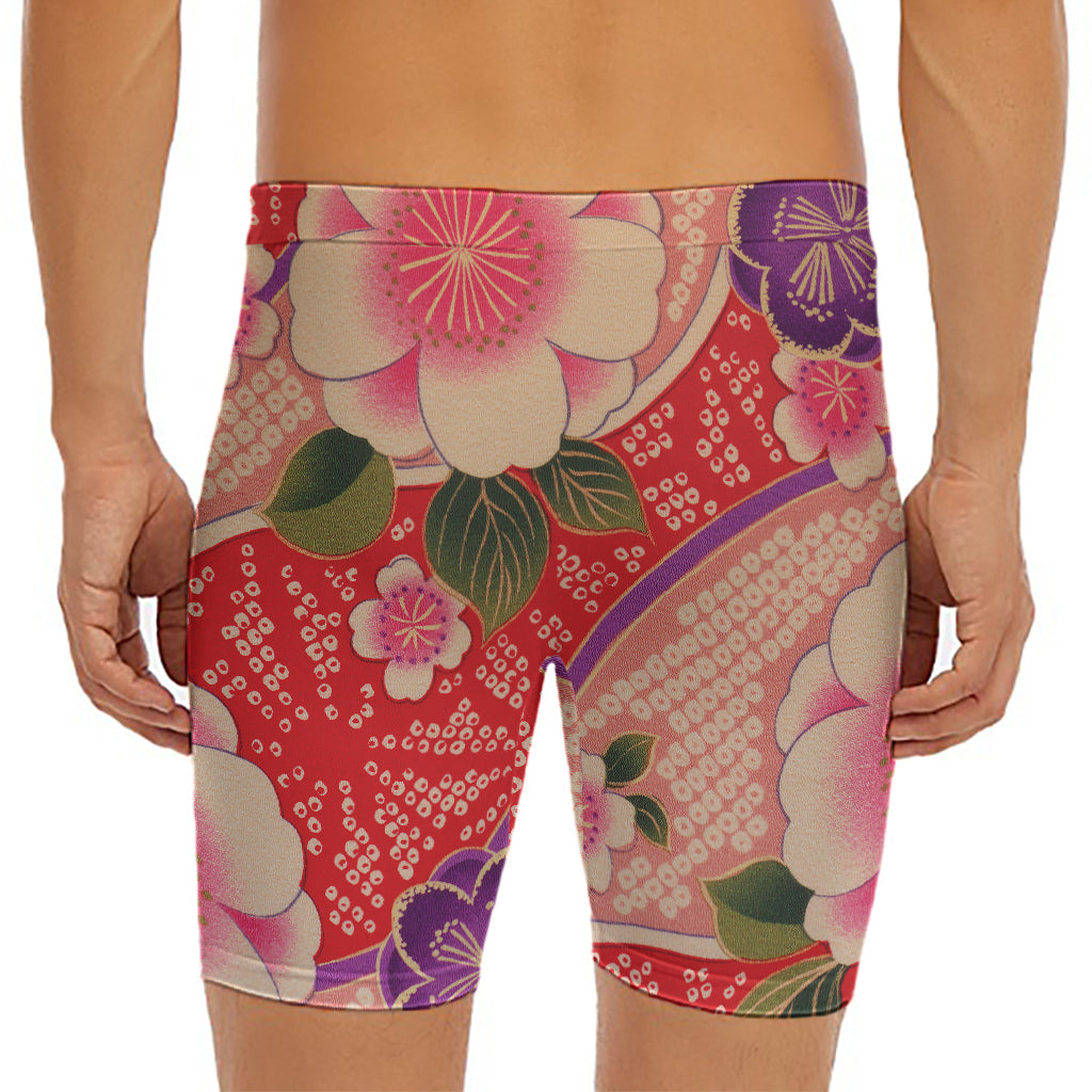 Cherry Blossom Kimono Pattern Print Men's Long Boxer Briefs