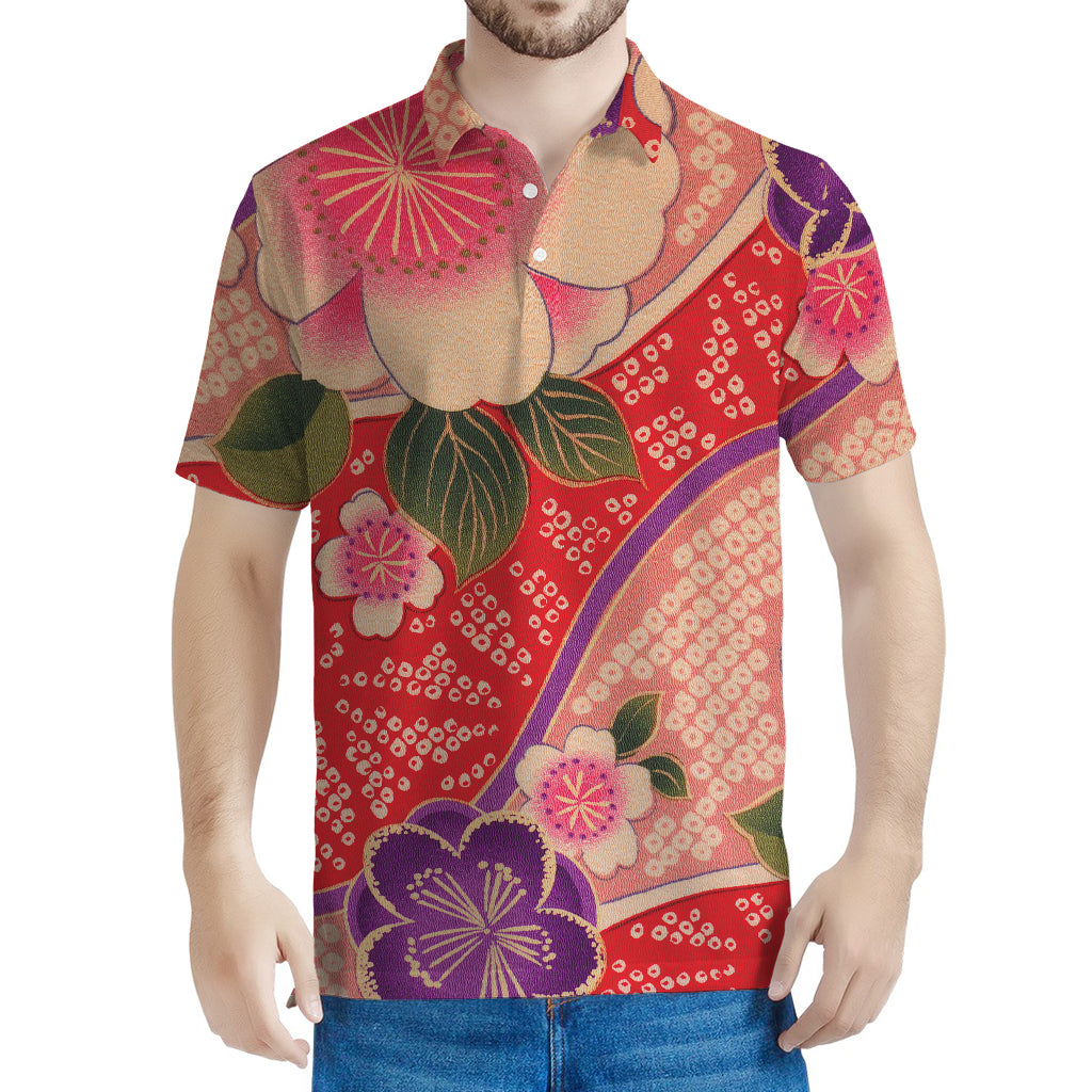 Cherry Blossom Kimono Pattern Print Men's Polo Shirt