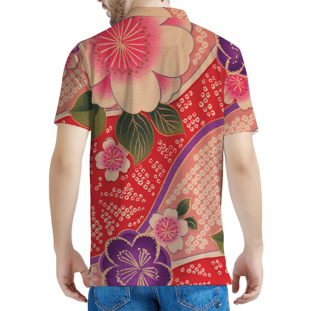 Cherry Blossom Kimono Pattern Print Men's Polo Shirt