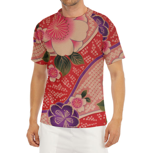 Cherry Blossom Kimono Pattern Print Men's Short Sleeve Rash Guard
