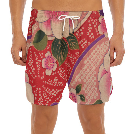Cherry Blossom Kimono Pattern Print Men's Split Running Shorts