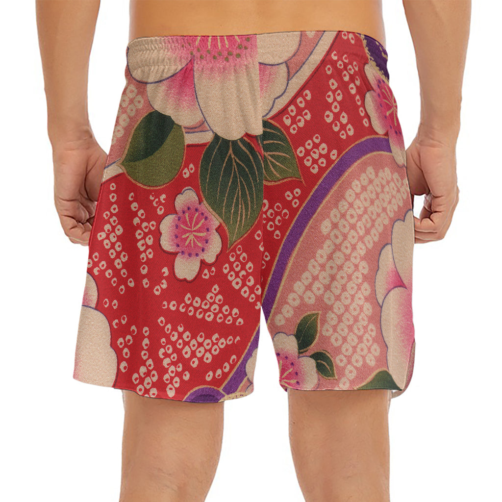 Cherry Blossom Kimono Pattern Print Men's Split Running Shorts