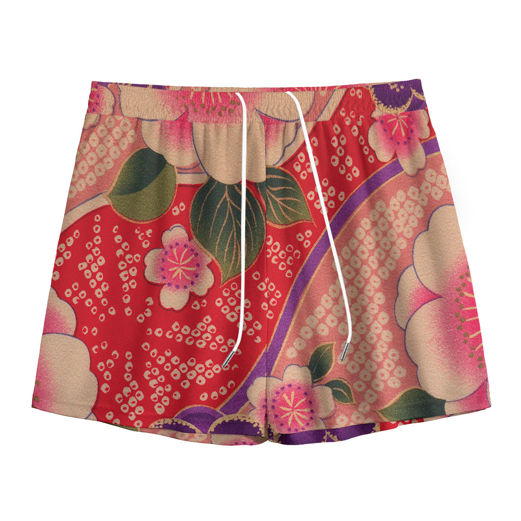 Cherry Blossom Kimono Pattern Print Mesh Shorts