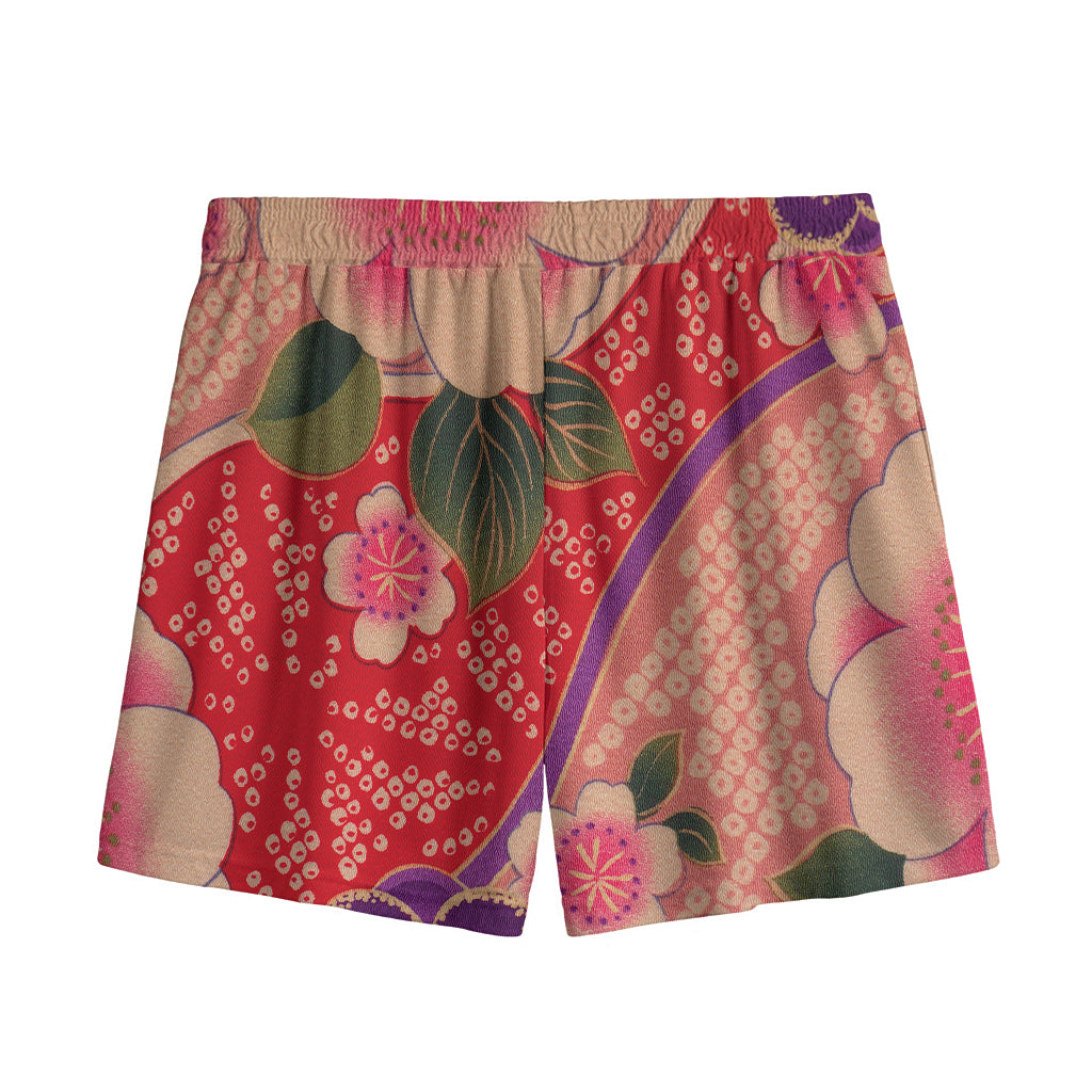 Cherry Blossom Kimono Pattern Print Mesh Shorts
