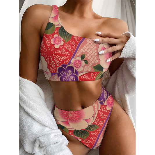 Cherry Blossom Kimono Pattern Print One Shoulder Bikini Top