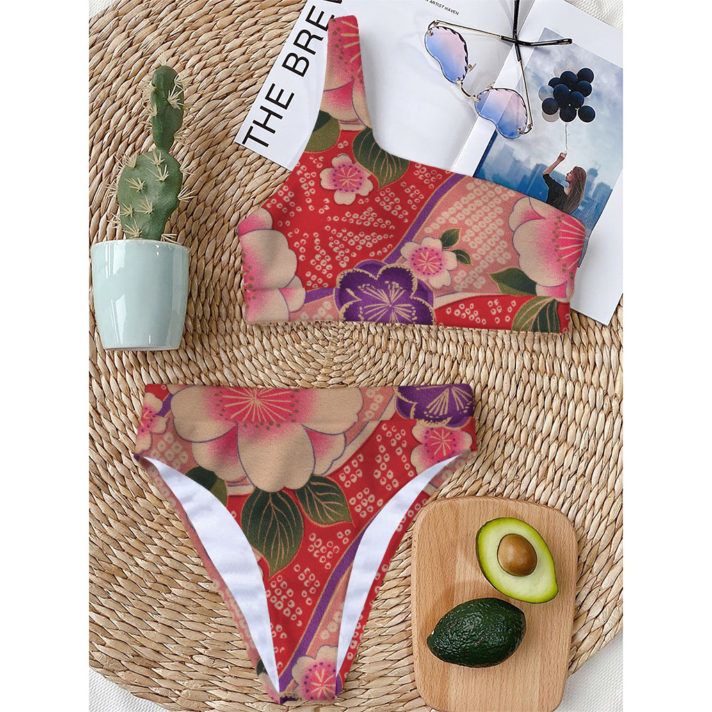Cherry Blossom Kimono Pattern Print One Shoulder Bikini Top