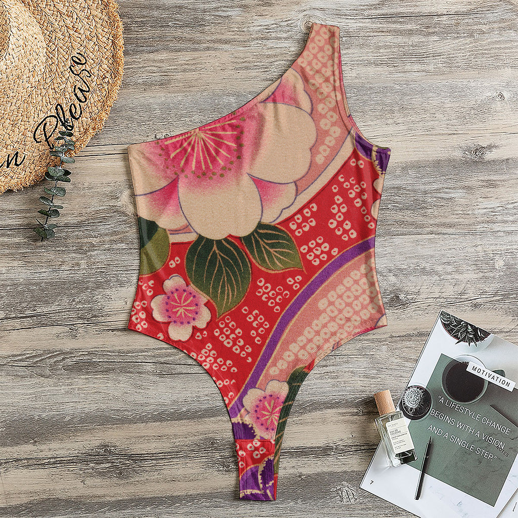 Cherry Blossom Kimono Pattern Print One Shoulder Bodysuit
