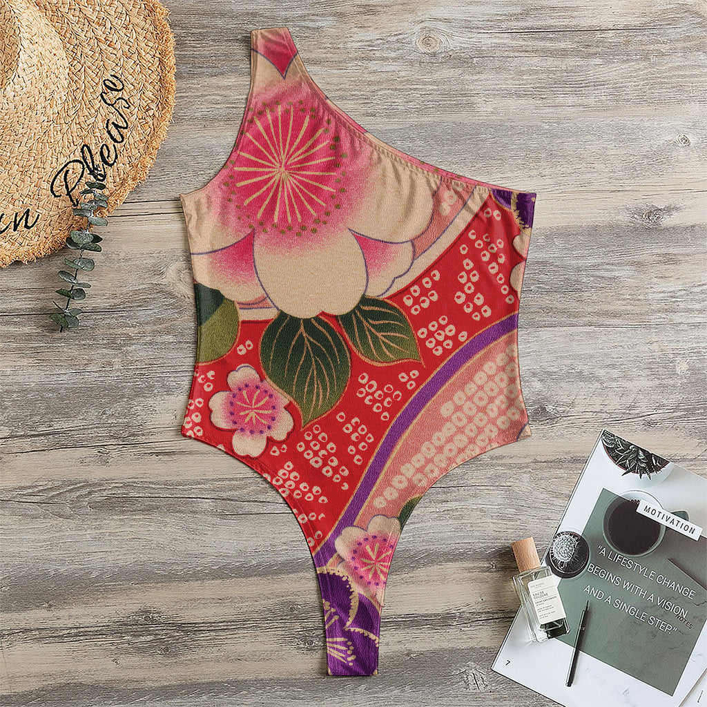 Cherry Blossom Kimono Pattern Print One Shoulder Bodysuit