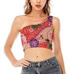 Cherry Blossom Kimono Pattern Print One Shoulder Crop Top