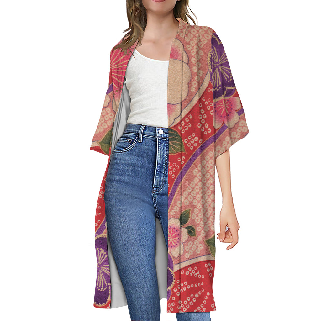 Cherry Blossom Kimono Pattern Print Open Front Beach Cover Up
